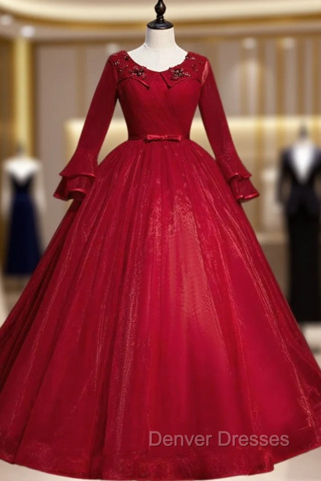 Come In All Styles And Colors Burgund Ball Gown Tulle Long Sleeve Appliques Quinceanera Dress Main image