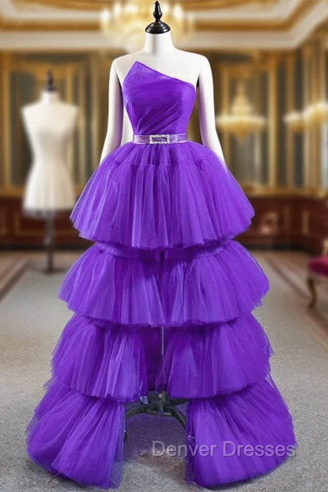 Come In All Styles And Colors Purple Ball Gown Strapless Pleats Tiers Prom Dress With Belt Main image