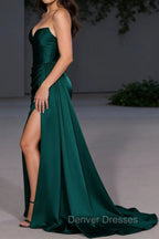Corset Strapless Dark Green Mermaid Long Prom Dress With Slit