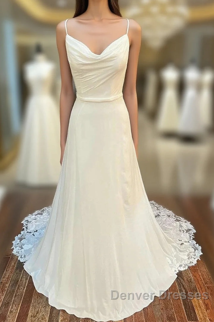 Cowl Neck Cutout Back Lace-Trimmed Long Wedding Dress Main image