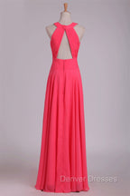 Crew Neck Watermelon Chiffon Long Bridesmaid Dress