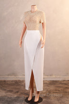 Crew Sheath Prom Dress Ankle-Length Zipper Beads Split Side Short Sleeve Evening Dress