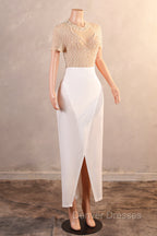 Crew Sheath Prom Dress Ankle-Length Zipper Beads Split Side Short Sleeve Evening Dress