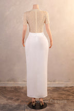 Crew Sheath Prom Dress Ankle-Length Zipper Beads Split Side Short Sleeve Evening Dress