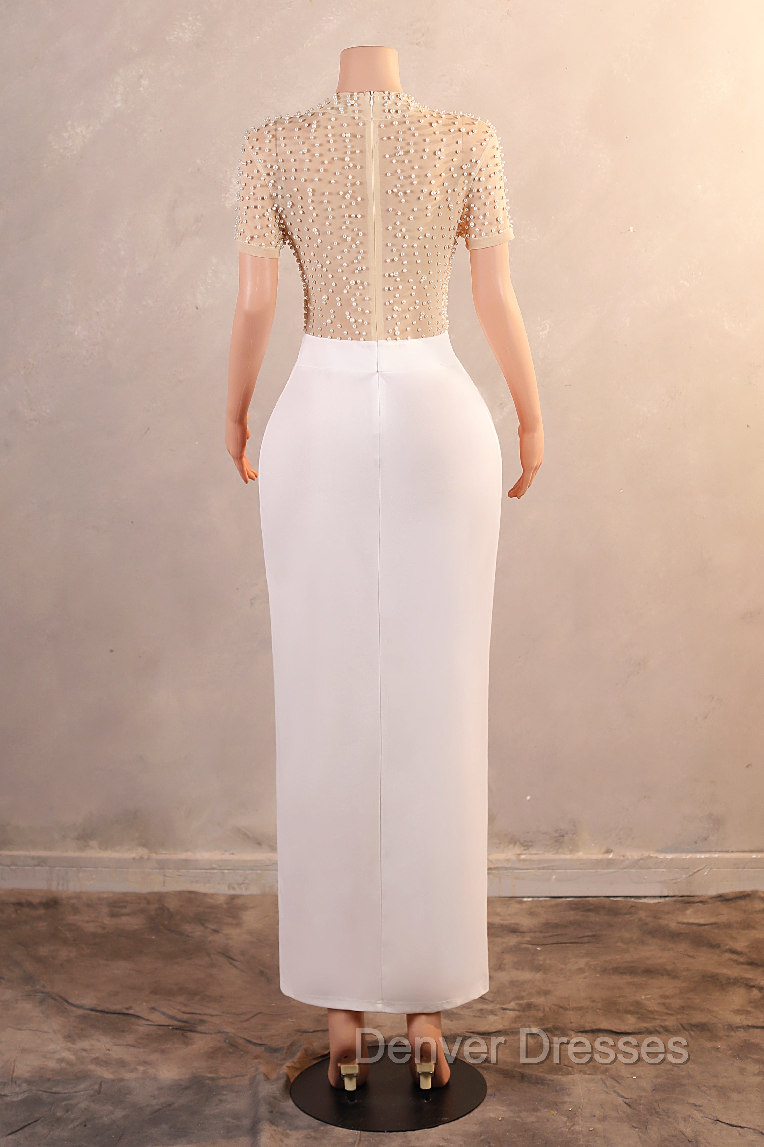 Crew Sheath Prom Dress Ankle-Length Zipper Beads Split Side Short Sleeve Evening Dress