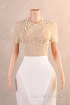 Crew Sheath Prom Dress Ankle-Length Zipper Beads Split Side Short Sleeve Evening Dress