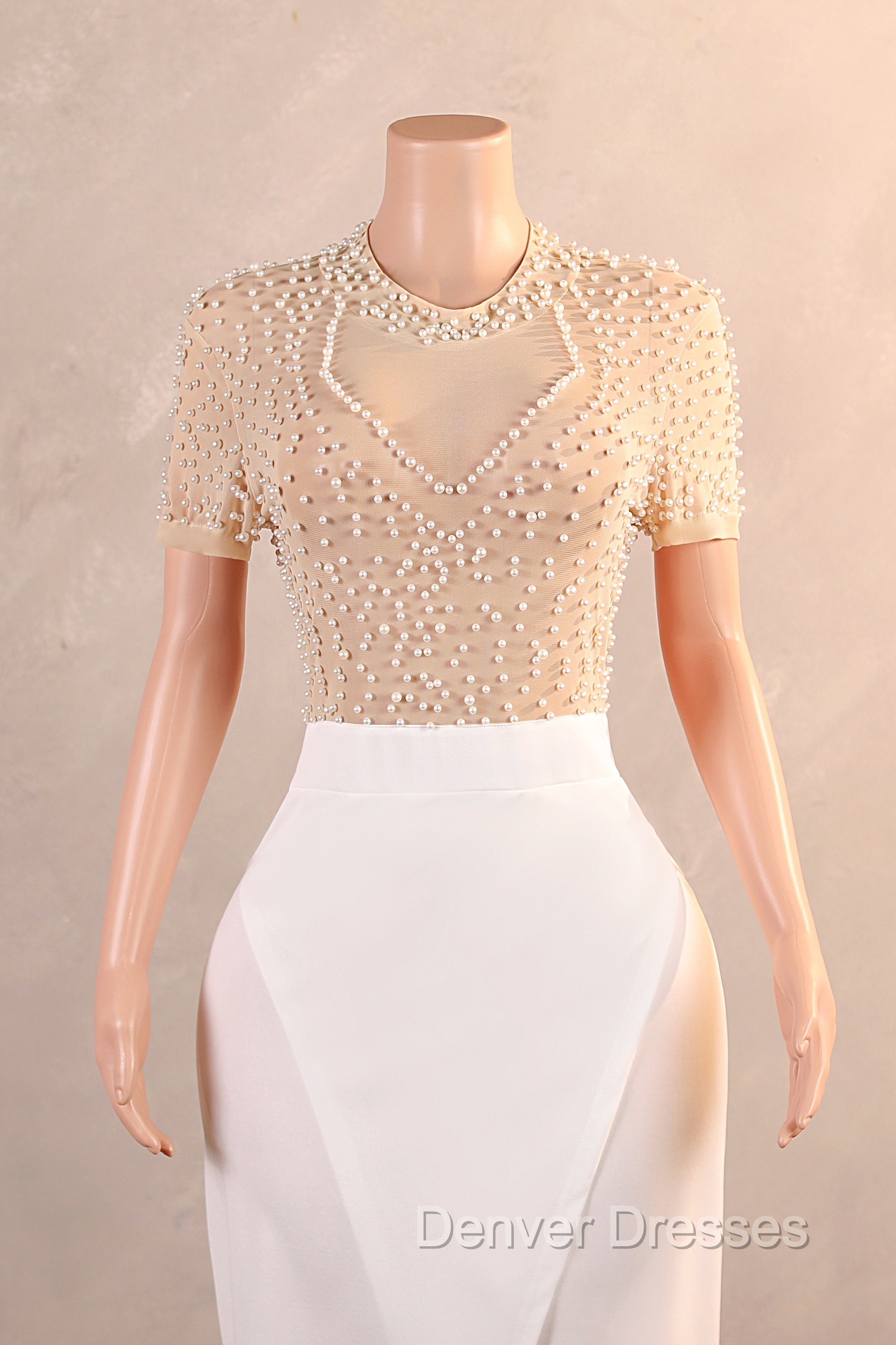 Crew Sheath Prom Dress Ankle-Length Zipper Beads Split Side Short Sleeve Evening Dress