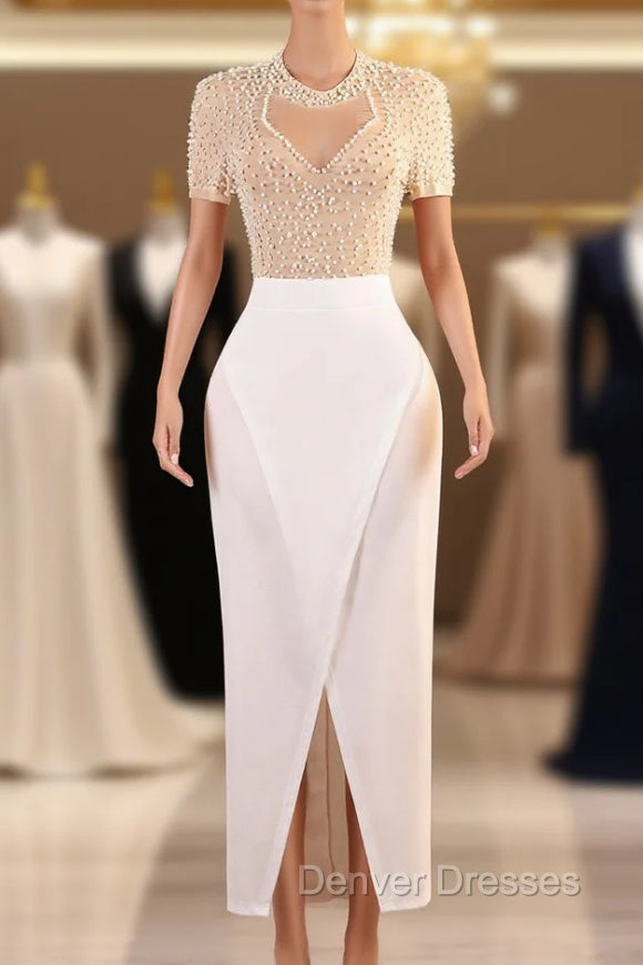 Crew Sheath Prom Dress Ankle-Length Zipper Beads Split Side Short Sleeve Evening Dress Main image