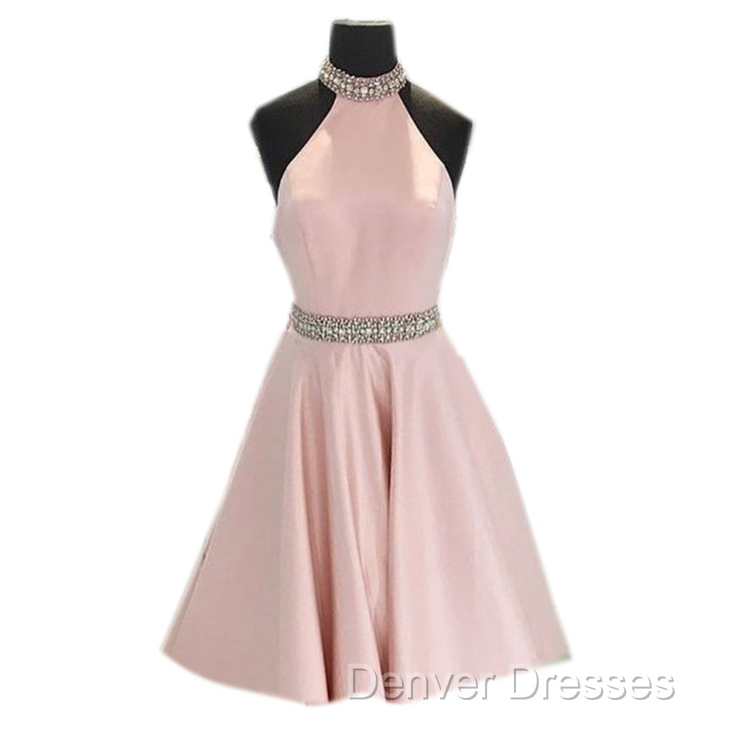 Crystal Beaded High Neck Short Pink Satin Homecoming Dress Secondary image