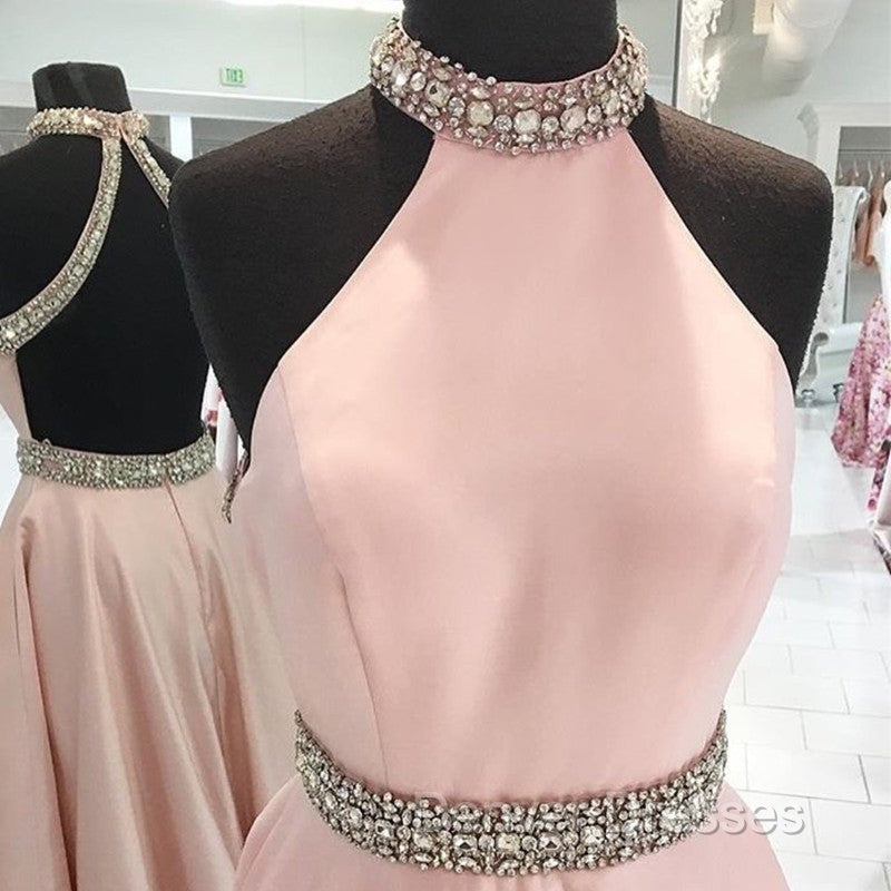 Crystal Beaded High Neck Short Pink Satin Homecoming Dress