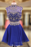 Crystal Beaded High Neck Two Piece Homecoming Dress in Royal Blue Chiffon