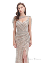 Crystal Beaded Mermaid High Slit Long Prom Dresses