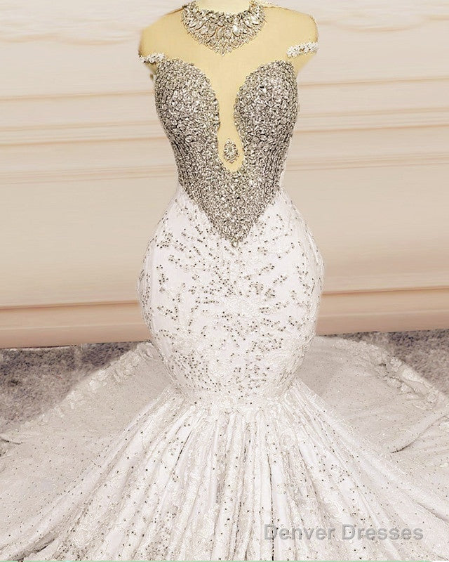 Crystal Beaded Mermaid Lace Wedding Dress Cap Sleeves