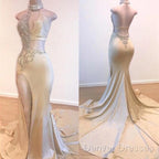 Crystal Halter Side Slit Prom Dress A-Line Backless Sleeveless Evening Dress