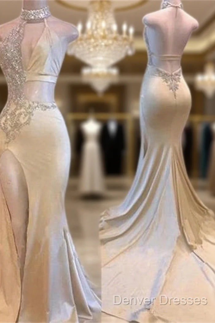 Crystal Halter Side Slit Prom Dress A-Line Backless Sleeveless Evening Dress Main image