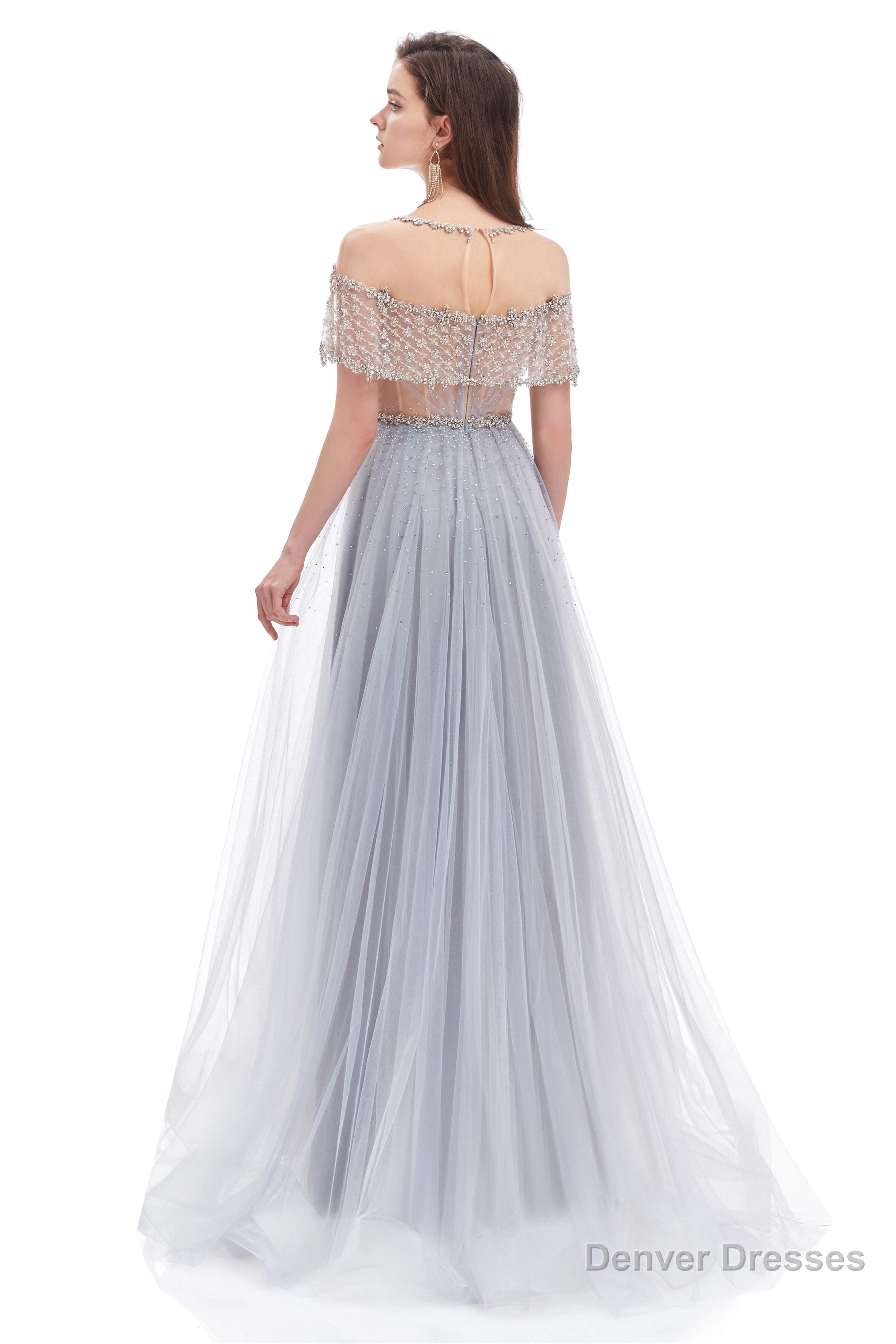 Crystal O-Neck Sleeveless A Line Tulle Prom Dresses