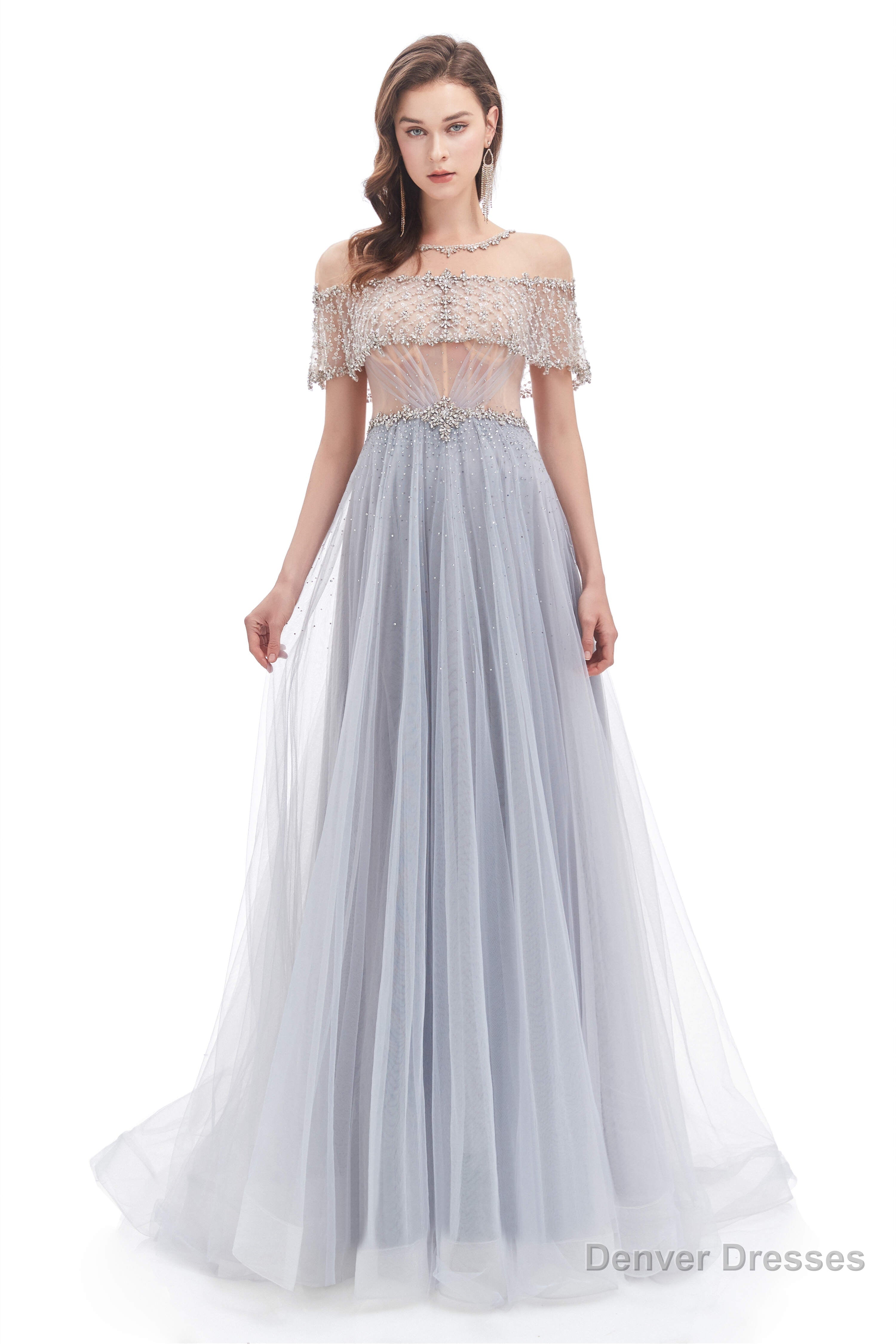 Crystal O-Neck Sleeveless A Line Tulle Prom Dresses