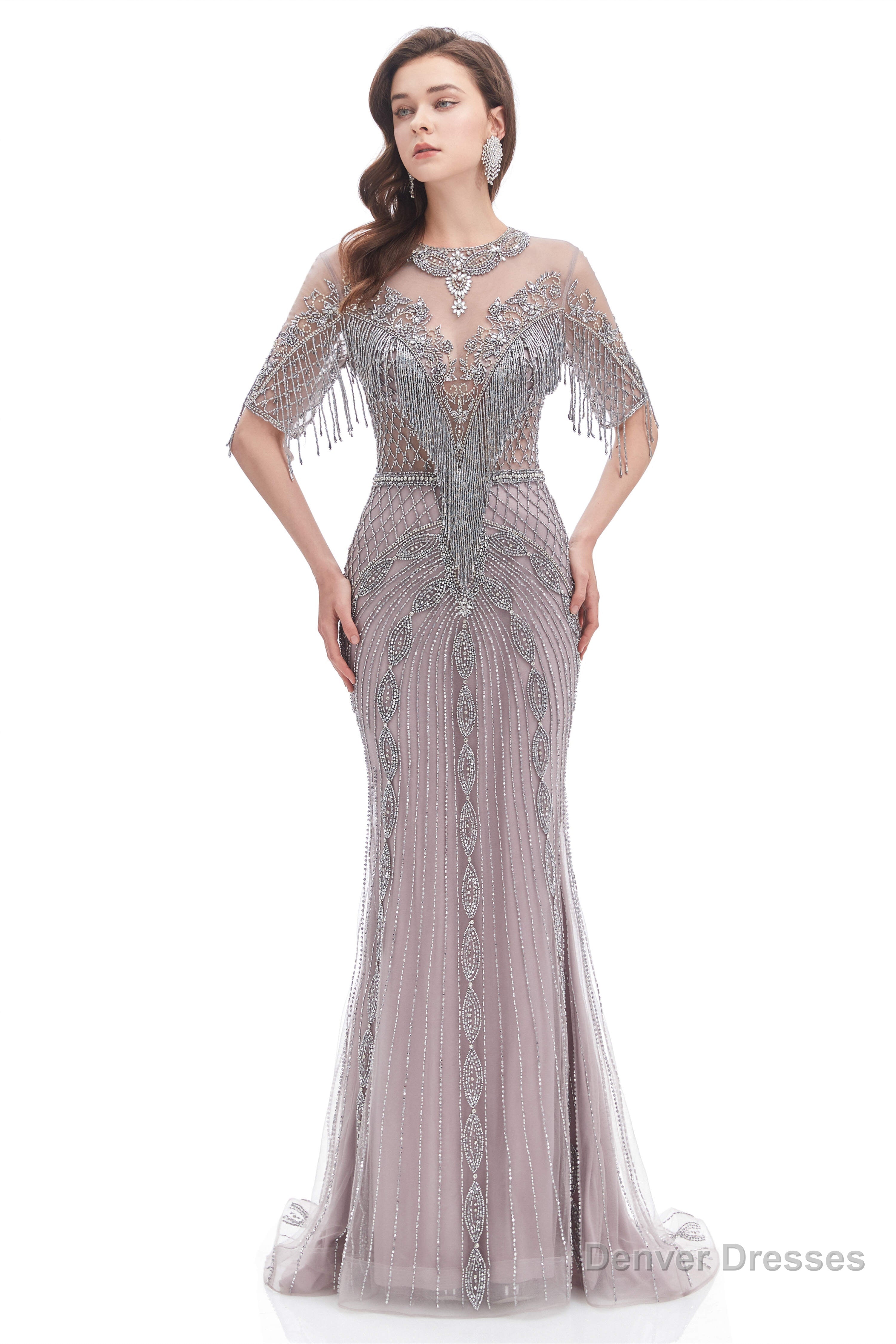 Crystal Tassel Mermaid O Neck Short Sleeves Prom Dresses Main image