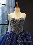 Crystals Sequined Navy Blue Quinceanera Dress Ball Gown Wedding Dress