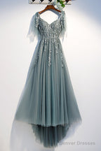Custom Beautiful Tulle Lace Beaded Tea Length Straps A-Line Prom Dress, New Style Junior Party Dresses