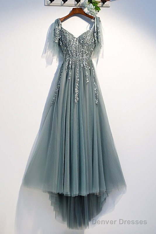 Custom Beautiful Tulle Lace Beaded Tea Length Straps A-Line Prom Dress, New Style Junior Party Dresses