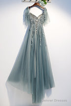 Custom Beautiful Tulle Lace Beaded Tea Length Straps A-Line Prom Dress, New Style Junior Party Dresses