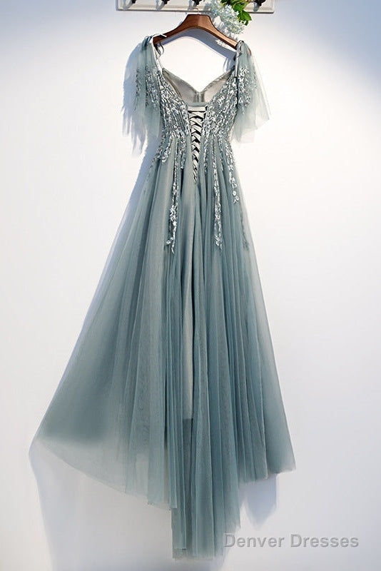 Custom Beautiful Tulle Lace Beaded Tea Length Straps A-Line Prom Dress, New Style Junior Party Dresses