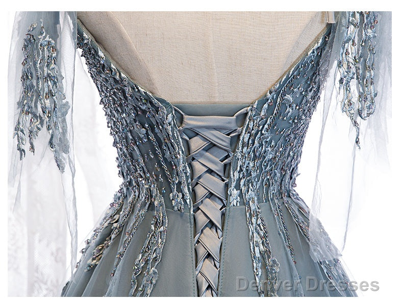 Custom Beautiful Tulle Lace Beaded Tea Length Straps A-Line Prom Dress, New Style Junior Party Dresses