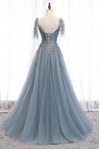 Custom Beautiful Tulle Lace Beaded Tea Length Straps A-Line Prom Dress, New Style Junior Party Dresses