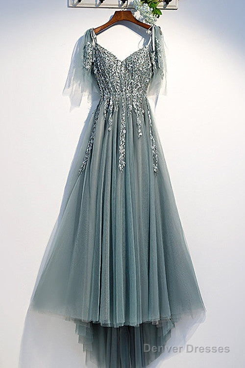 Custom Beautiful Tulle Lace Beaded Tea Length Straps A-Line Prom Dress, New Style Junior Party Dresses Main image