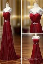 Custom Made A Line Dark Red Round Neck Long Prom Dress, Bridesmaid Dress, Formal Dress