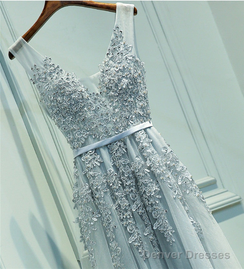 Custom Made A Line Gray/Navy Blue/Burgundy Lace Prom Dresses, Bridesmaid Dresses, Lace Graduation Dresses Secondary image