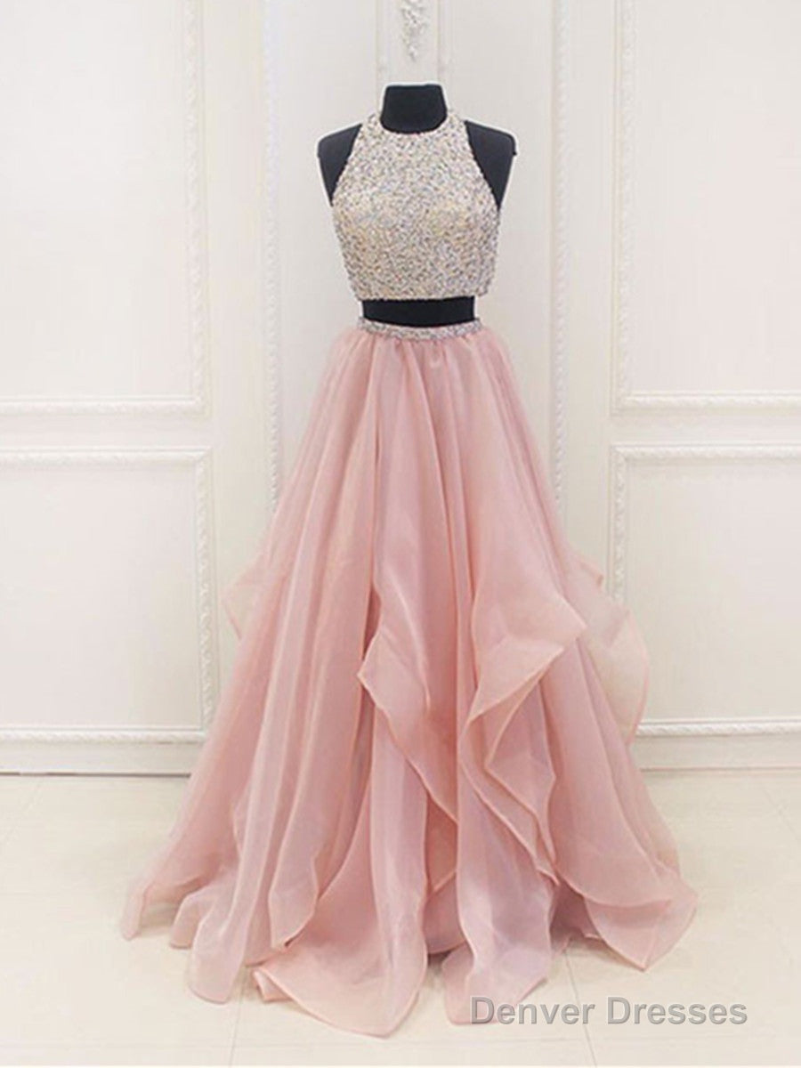 Custom Made A Line Round Neck 2 Pieces Pink Prom Dresses, 2 Pieces Pink Formal Dresses Main image