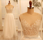 Custom Made A Line Round Neck Ivory Lace Wedding Dresses, Deep V Neck Back Prom Dress, Ivory Dresses For Wedding