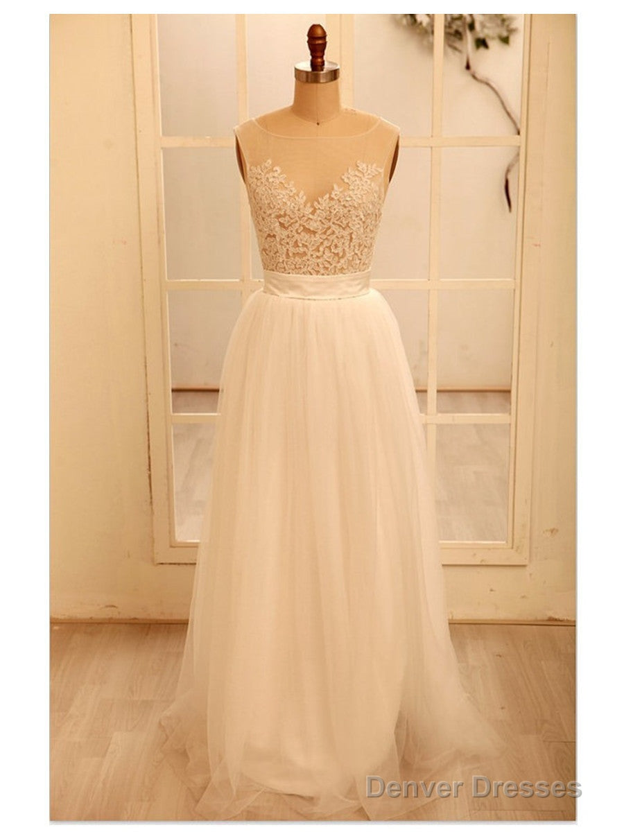 Custom Made A Line Round Neck Ivory Lace Wedding Dresses, Deep V Neck Back Prom Dress, Ivory Dresses For Wedding Main image