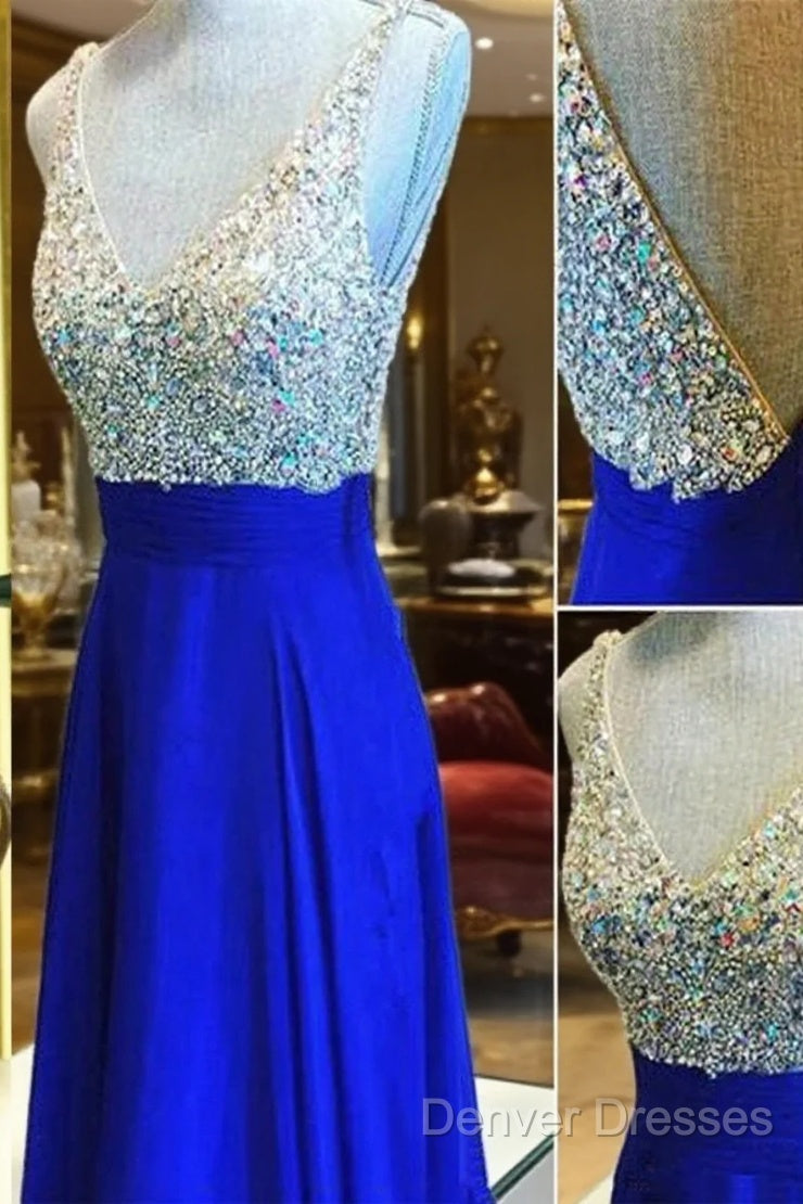 Custom Made A Line V Neck Backless Floor Length Royal Blue Prom Dress, Blue Formal Dress, Blue Bridesmaid Dress