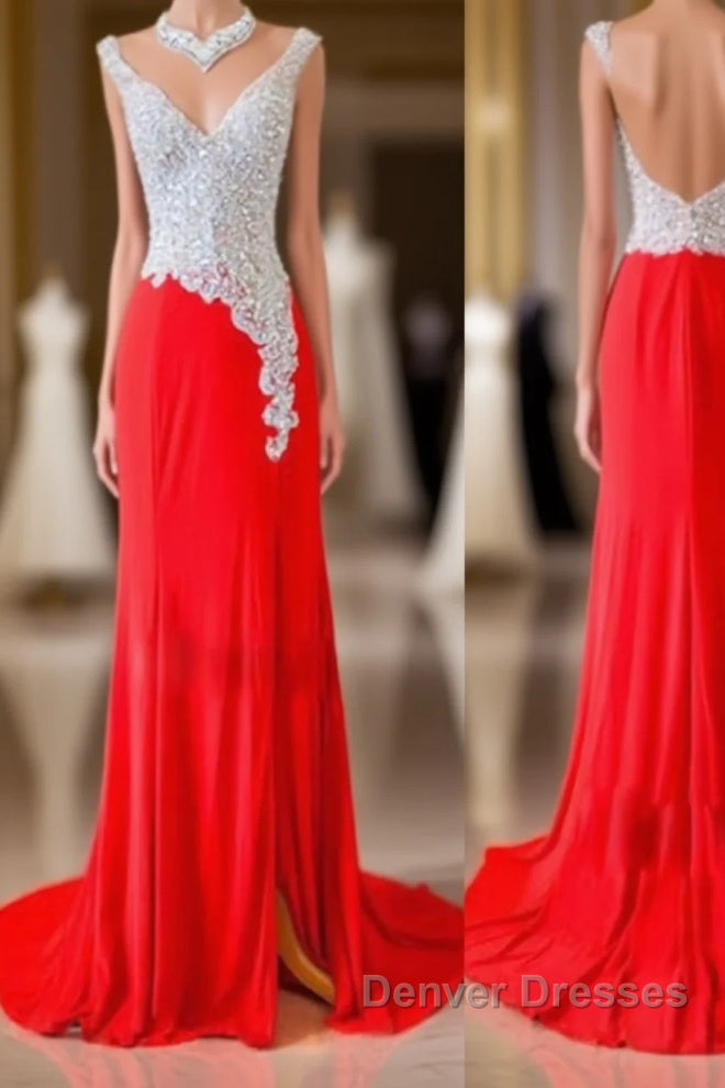 Custom Made A Line V Neck Backless Sequins Red Prom Dress, Red Evening Dress