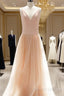 Custom Made A Line V Neck Champagne Tulle Prom Dress, Champagne Wedding Dress, A Line V Neck Graduation Dress