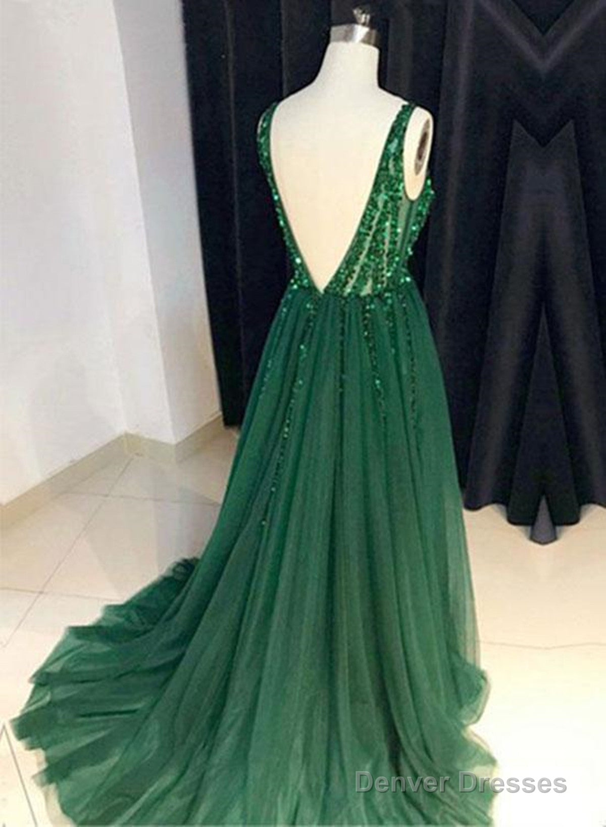 Custom Made A Line V Neck Emerald Green Backless Prom Dresses, Backless Green Graduation Formal Dresses Secondary image