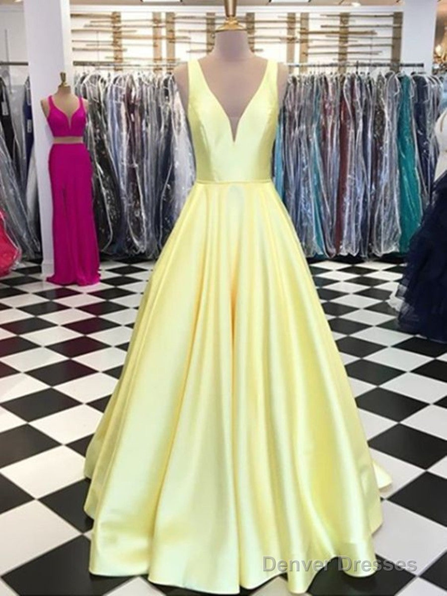 Custom Made A Line V Neck Yellow Prom Dresses, Yellow V Neck Formal Dresses, Graduation Dress Main image
