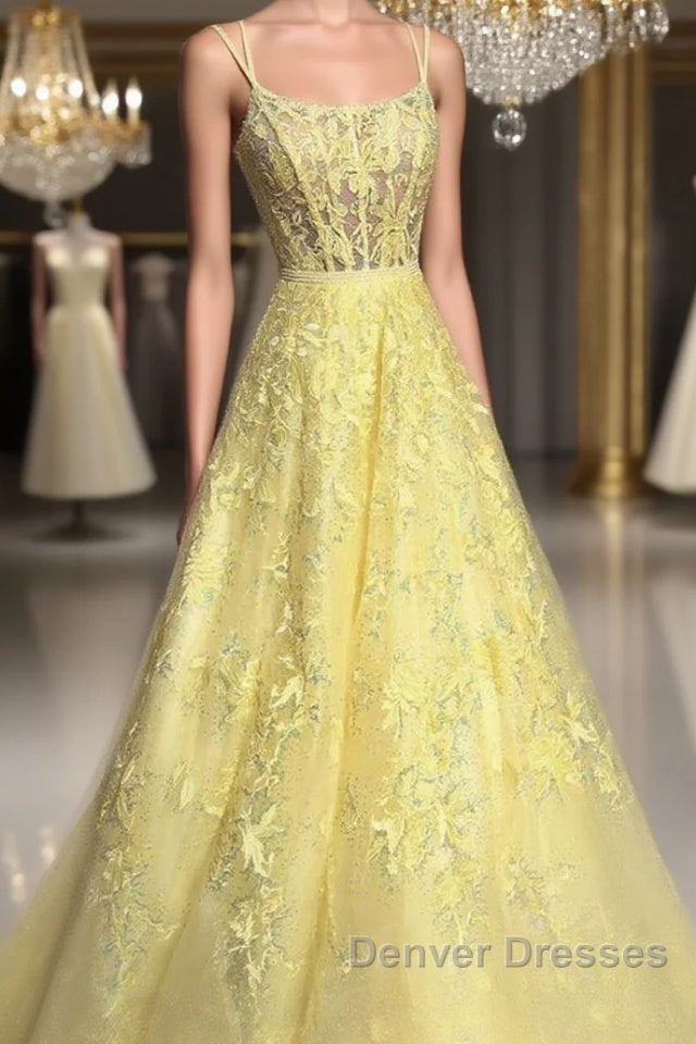 Custom Made Backless Yellow Lace Floral Long Prom Dress, Yellow Lace Formal Graduation Evening Dress Main image