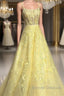 Custom Made Backless Yellow Lace Floral Long Prom Dress, Yellow Lace Formal Graduation Evening Dress