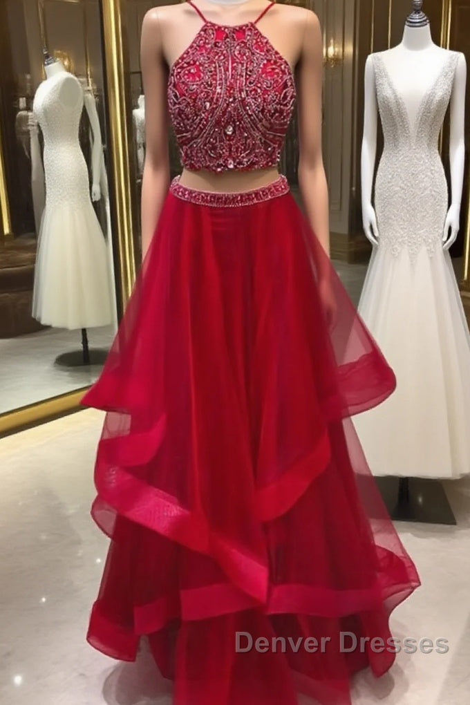 Custom Made Beaded Red Halter Two Piece Prom Dress ,Formal Dress