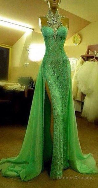 Custom Made Crystal Evening Dresses Green High Neck Lace Prom Dresses With Slit Sexy Mermaid Crystal Beaded Prom Dresses Main image