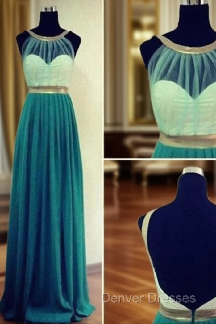 Custom Made Green And Gold Round Neckline Backless Prom Dress, Long Green Formal Dress Main image