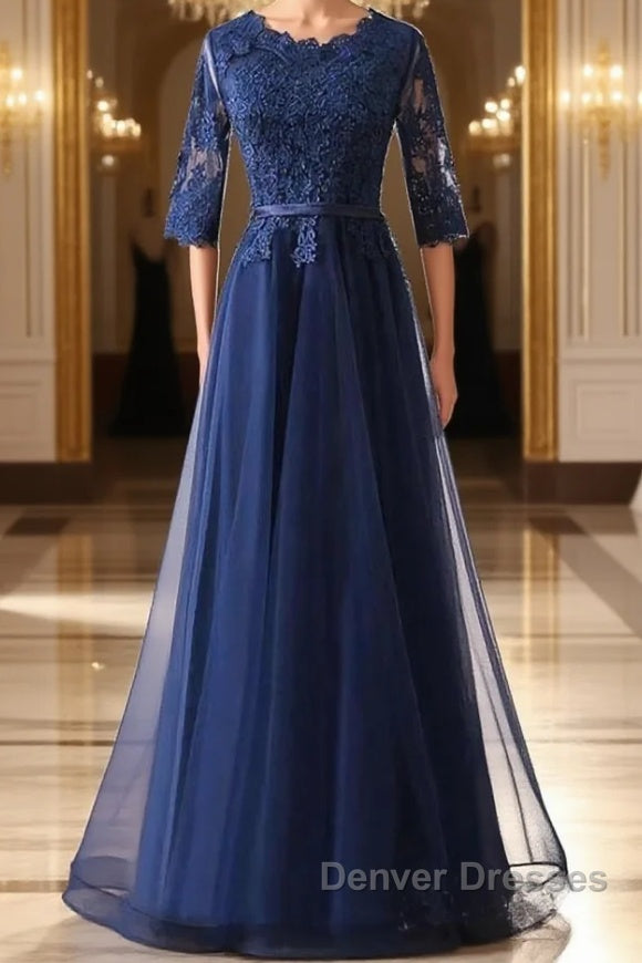 Custom Made Long Sleeves Navy Blue Lace Prom Dress, Long Sleeves Lace Bridesmaid Dress, Long Sleeves Navy Blue Lace Formal Graduation Evening Dress Main image