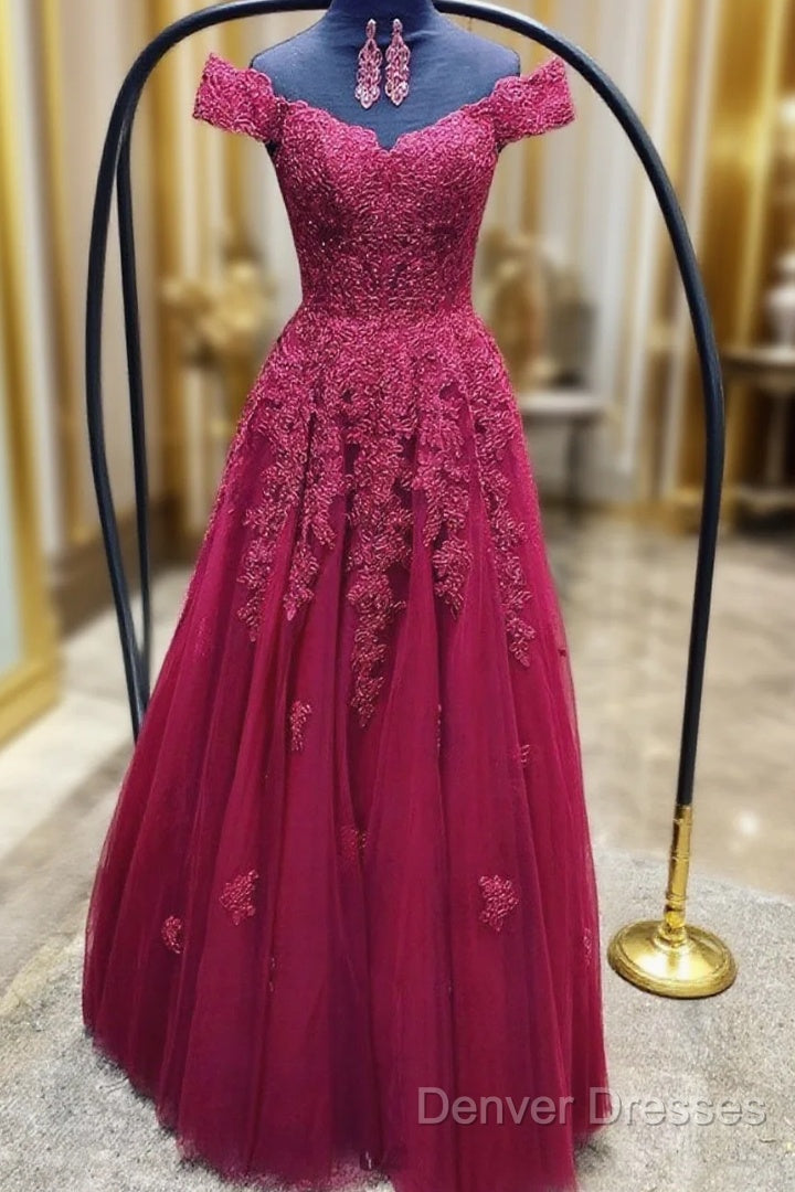 Custom Made Off Shoulder Burgundy Lace Prom Dress, Off The Shoulder Burgundy Lace Formal Bridesmaid Dress Main image