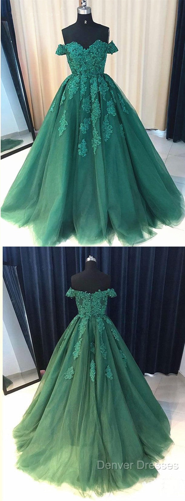 Custom Made Off Shoulder Emerald Green Lace Prom Dress, Green Formal Dress, Lace Prom Gown