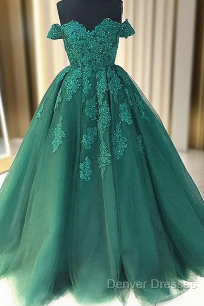 Custom Made Off Shoulder Emerald Green Lace Prom Dress, Green Formal Dress, Lace Prom Gown Main image