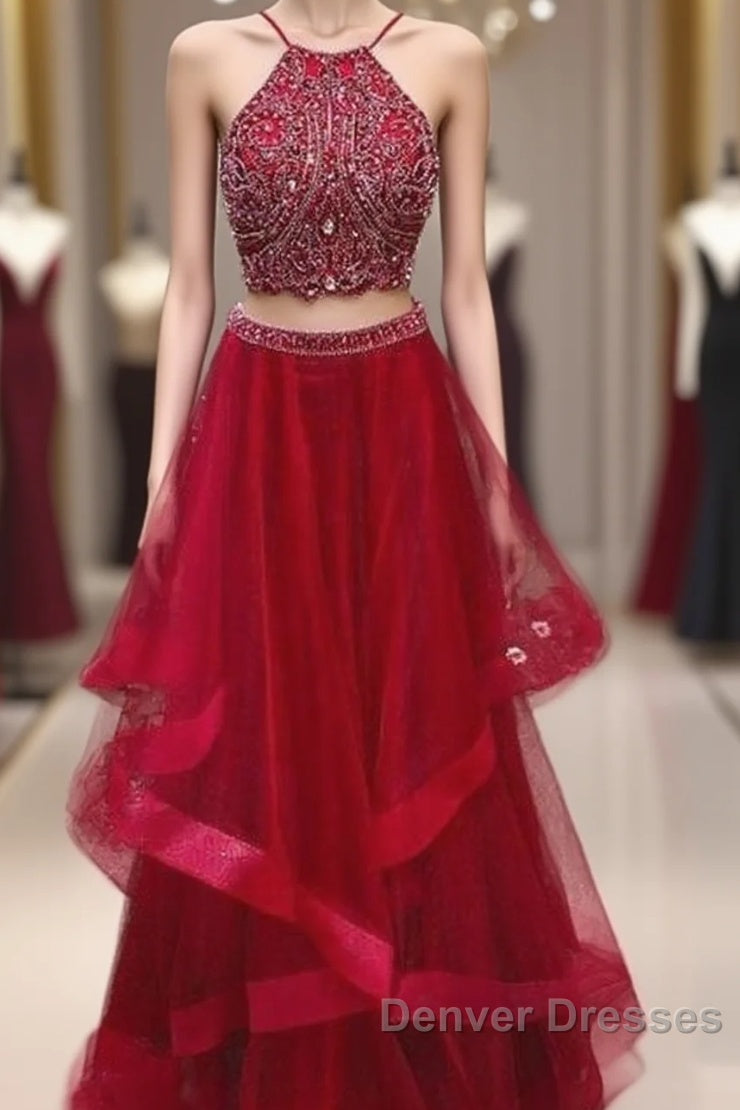 Custom Made Red Two Pieces Sequin Long Prom Dress, Evening Dress Main image